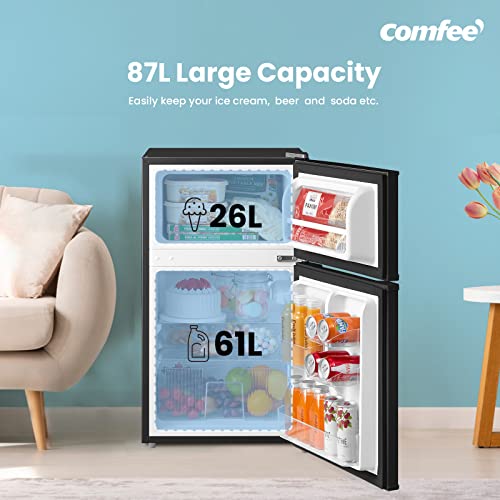 COMFEE' RCT87BL2(E) Under Counter Fridge Freezer, 87L Double Door Small Fridge Freezer with Light