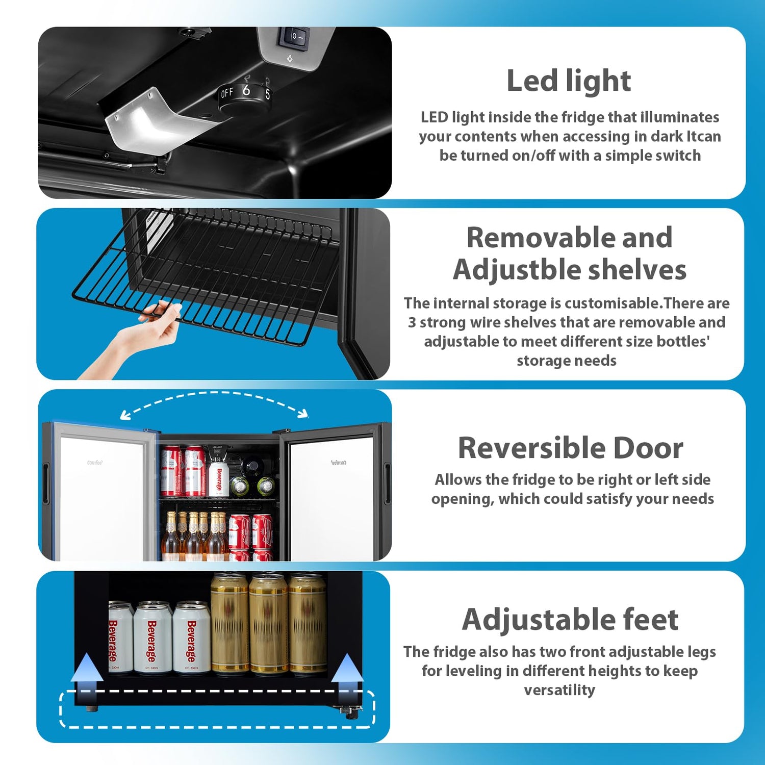 COMFEE' RCZ99BG2(E) Under Counter Beer & Drinks Fridge-93L Capacity,Holds up to 115 Cans