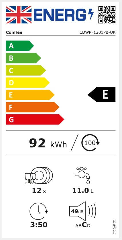 COMFEE' Freestanding Dishwasher CDWPF1201PB-UK 60cm Width, Full Size Dishwasher with 12 place settings
